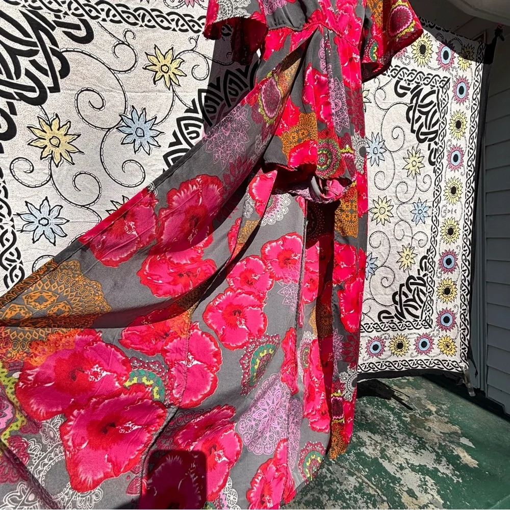 True Destiny Floral Kimono Dress Under Short Cape Skirt w/ Tie Waist Size Medium - Picture 12 of 16